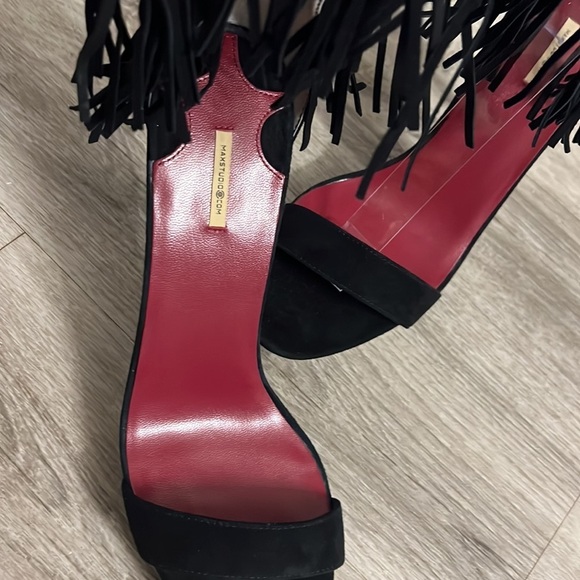 Max Studio Leather Forest Black Fringed Party Sandal Boho Platform Western Heel - Picture 10 of 10